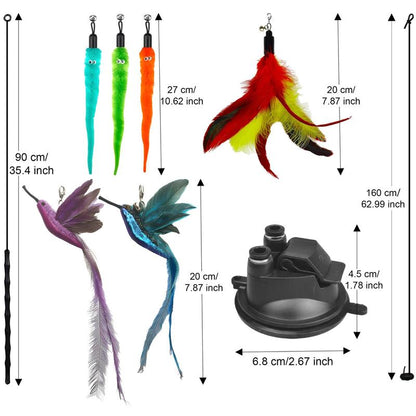 Interactive Cat Toy Set, 8 Counts/Set Including 2 Cat Wands with Base and 6 Feather Replacement Heads with Bells, Fun and Exercise for Indoor Cats