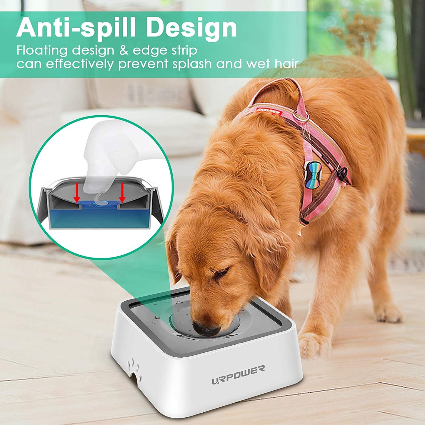 "URPOWER 2.5L No-Spill Dog Water Bowl – Splash-Proof & Slow Feeder for Messy Drinkers"