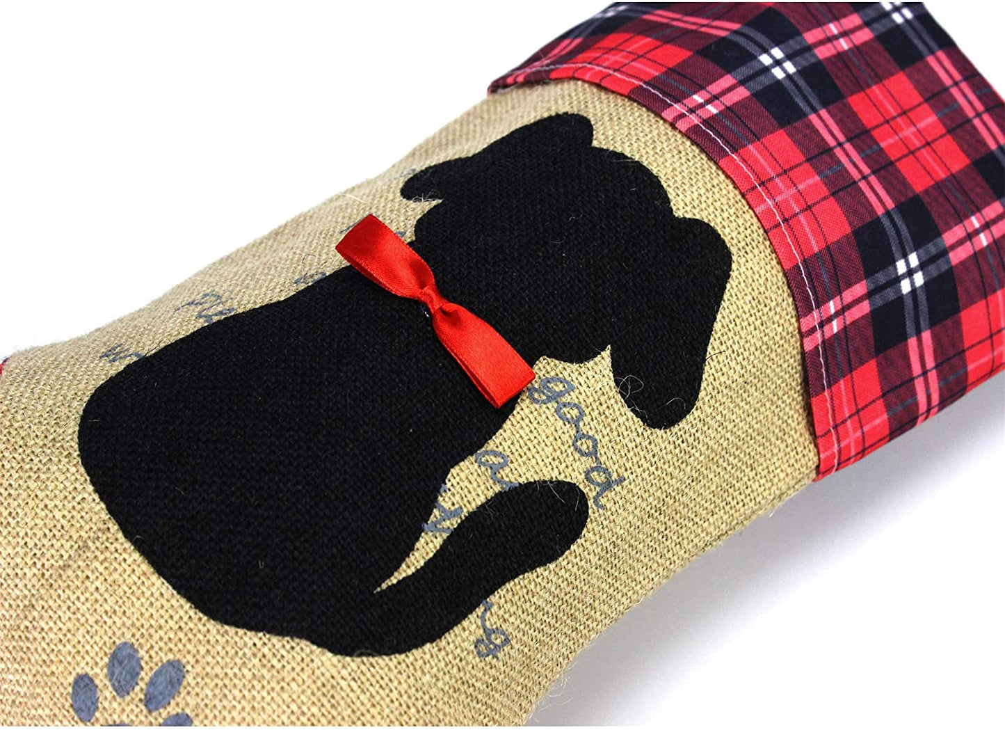 "Personalized Dog Christmas Stocking - Black with Puppy Pattern & Red Bow, Perfect Holiday Decor for Your Pup!"