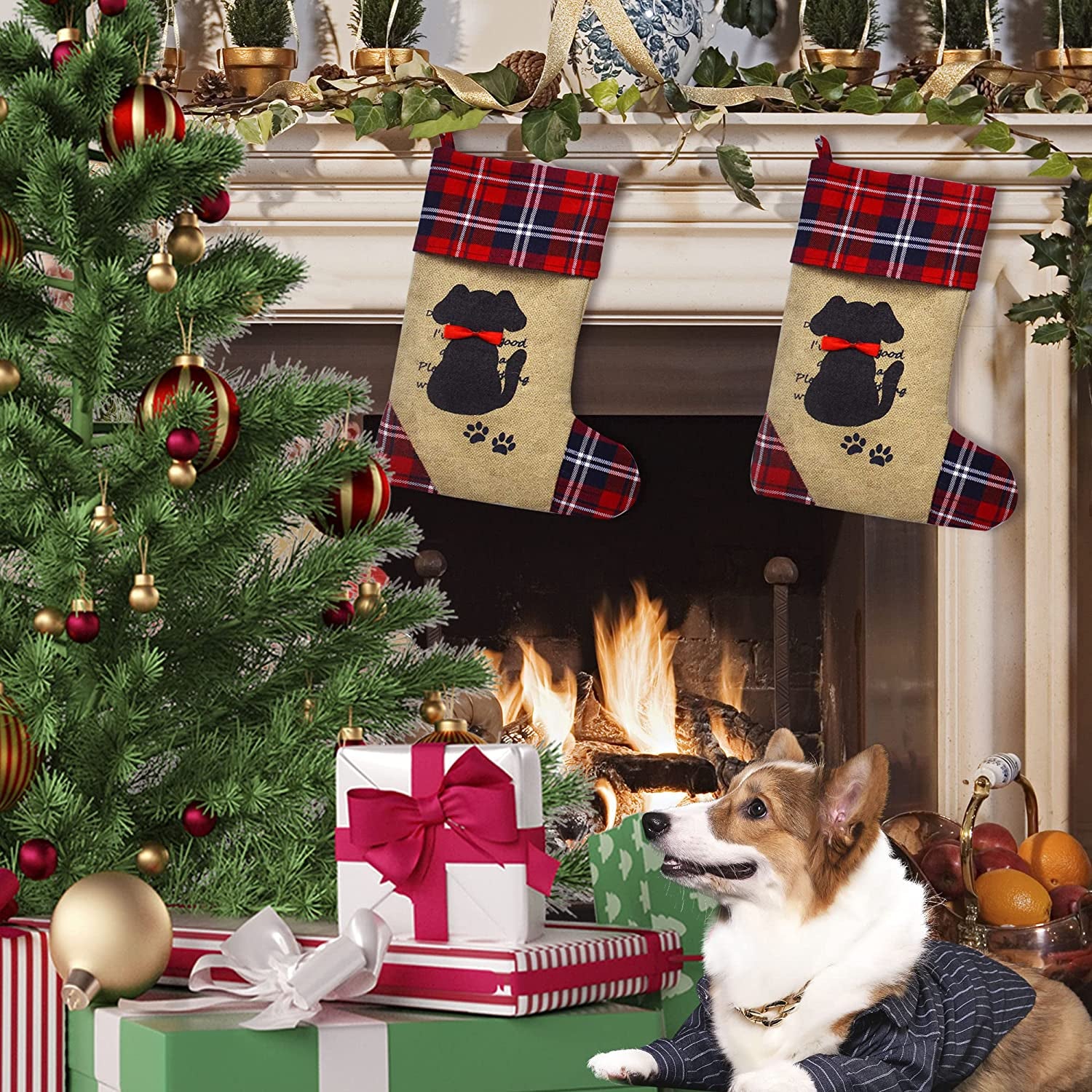 "Personalized Dog Christmas Stocking - Black with Puppy Pattern & Red Bow, Perfect Holiday Decor for Your Pup!"