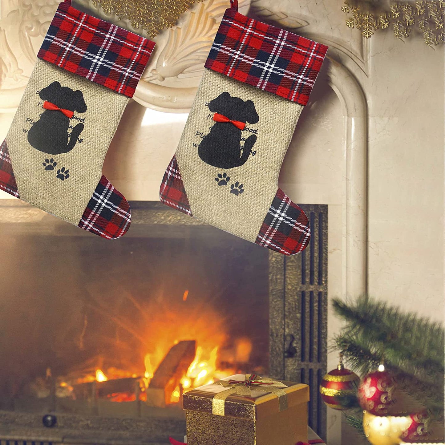 "Personalized Dog Christmas Stocking - Black with Puppy Pattern & Red Bow, Perfect Holiday Decor for Your Pup!"