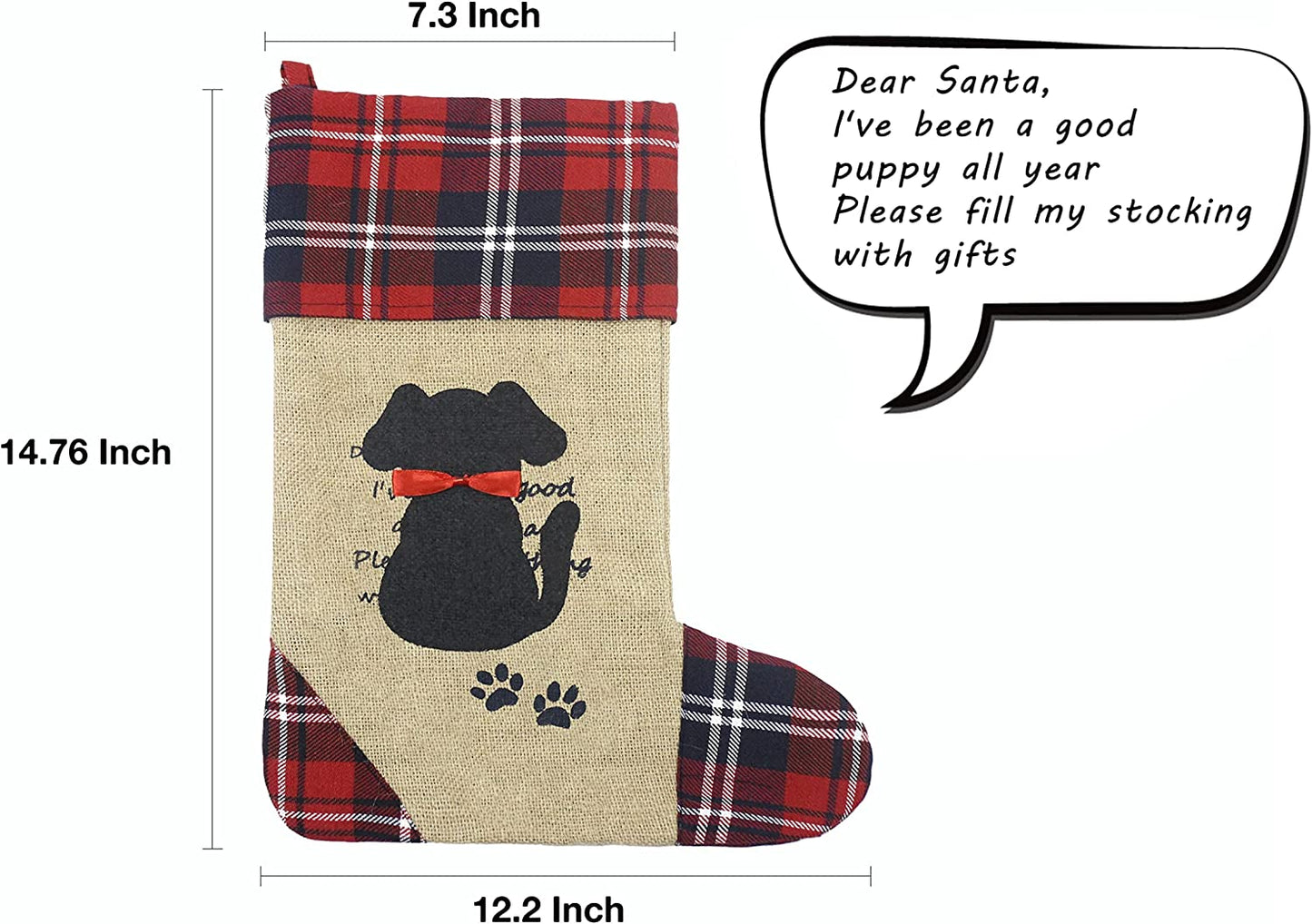 "Personalized Dog Christmas Stocking - Black with Puppy Pattern & Red Bow, Perfect Holiday Decor for Your Pup!"