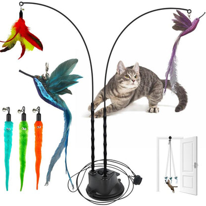 Interactive Cat Toy Set, 8 Counts/Set Including 2 Cat Wands with Base and 6 Feather Replacement Heads with Bells, Fun and Exercise for Indoor Cats